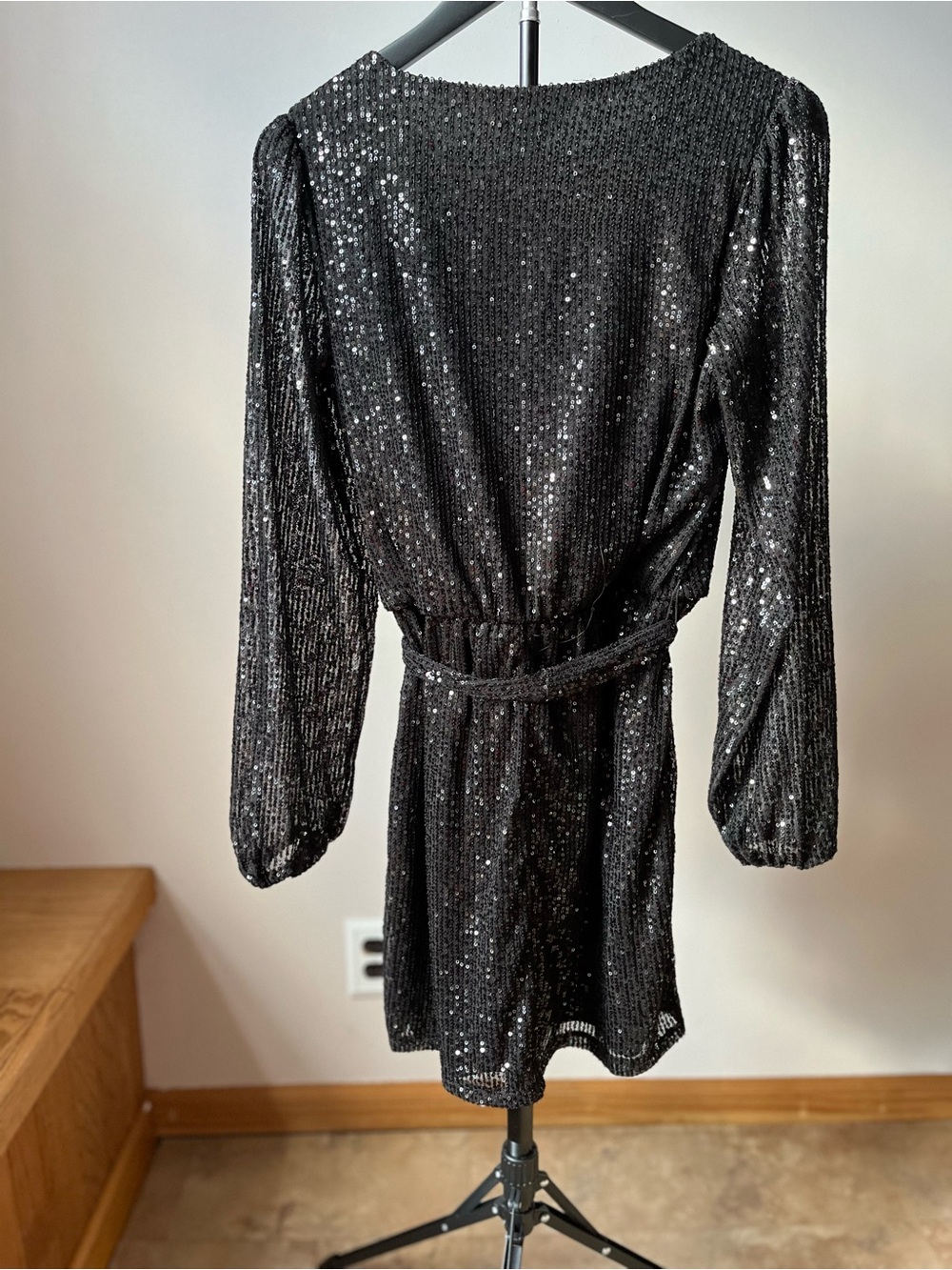Black Sequin Mini Dress with Belt